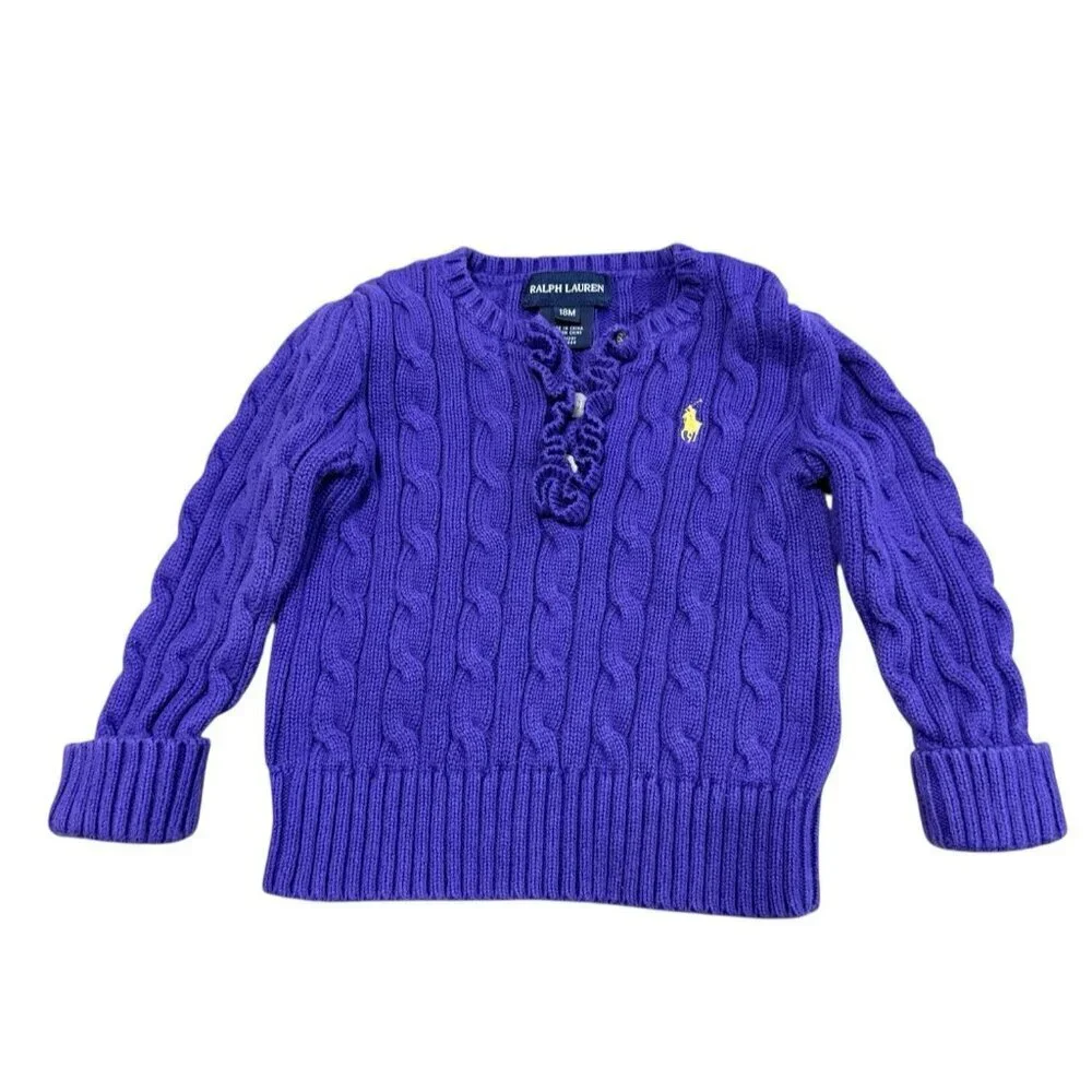 Ralph Lauren Girls Size 18 Month Purple Cable Knit Sweater Cuff Sleeve Ruffle
